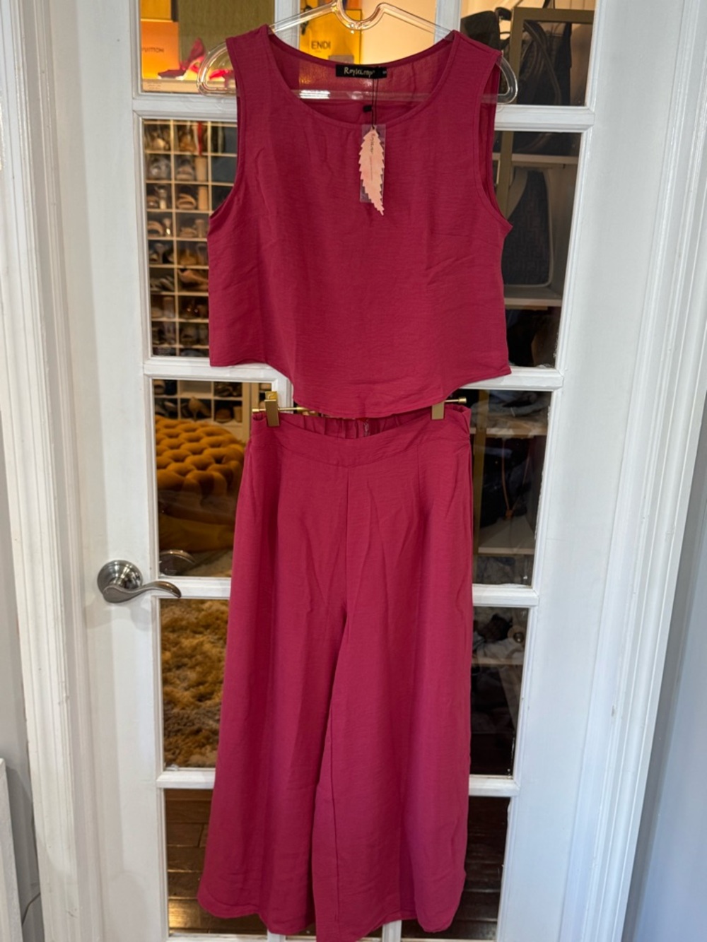 🍓Two-Piece Crop Top & Wide Leg Pants Set - Berry Pink Culotte Capri Flowy Gaucho - Picture 3 of 11